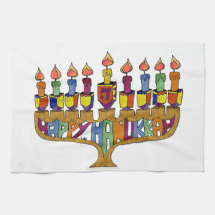 Happy Hanukkah Dreidels Menorah Kitchen Towel