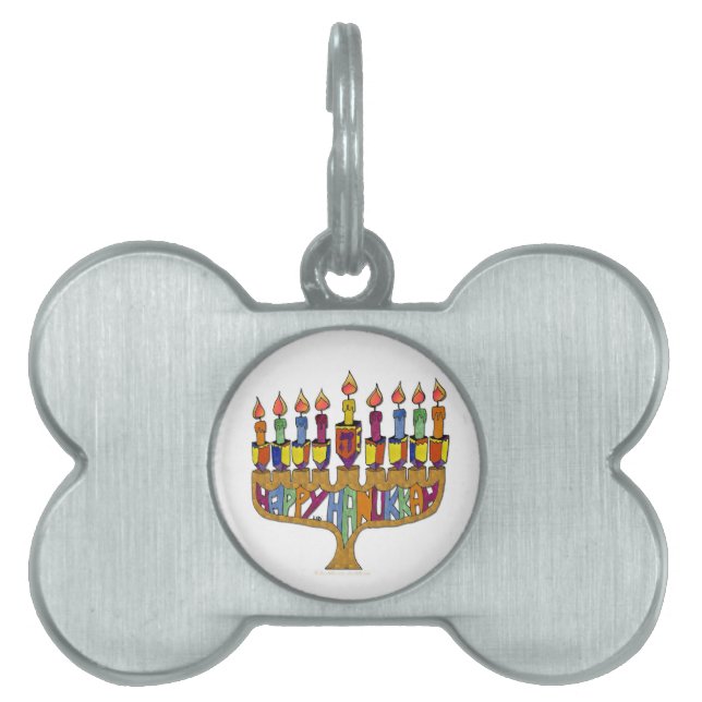 Happy Hanukkah Dreidels Menorah Pet ID Tag (Front)