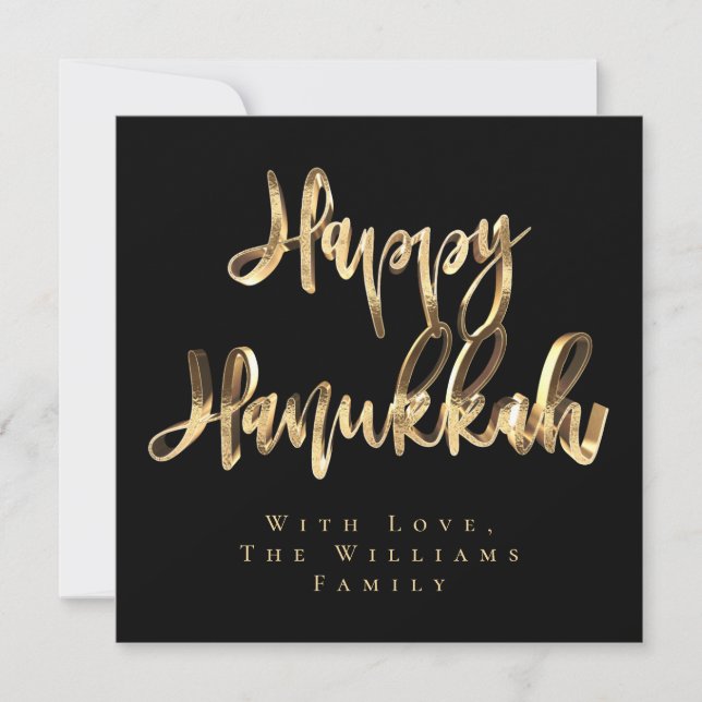 Happy Hanukkah Elegant Black and Gold Look Script Holiday Card (Front)