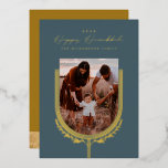 Happy Hanukkah Elegant Golden Menorah Photo Arch Foil Holiday Card<br><div class="desc">Happy Hanukkah, send your Hanukkah wishes to your family and friends with our beautiful and elegant customizable gold foil photo card. Our design features our beautiful hand-drawn menorah candle and leaf elements in gold foil decorating the edges of the family arch photo frame. "Happy Hanukkah" is written in a beautiful...</div>