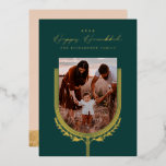 Happy Hanukkah Elegant Golden Menorah Photo Arch Foil Holiday Card<br><div class="desc">Happy Hanukkah, send your Hanukkah wishes to your family and friends with our beautiful and elegant customizable gold foil photo card. Our design features our beautiful hand-drawn menorah candle and leaf elements in gold foil decorating the edges of the family arch photo frame. "Happy Hanukkah" is written in a beautiful...</div>
