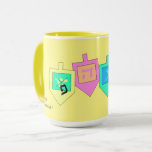 Happy Hanukkah English Hebrew Mug<br><div class="desc">There are a variety of background colours to provide either a cheery or more elegant background for the dreidel images and the Happy Hanuka greeting in both Hebrew and English. The Hebrew letters on the dreidel sides stand for: A great miracle happened here, the way the saying goes in Israel....</div>