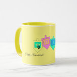 Happy Hanukkah English Hebrew Mug<br><div class="desc">There are a variety of background colours to provide either a cheery or more elegant background for the dreidel images and the Happy Hanuka greeting in both Hebrew and English. The Hebrew letters on the dreidel sides stand for: A great miracle happened here, the way the saying goes in Israel....</div>