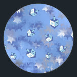 Happy Hanukkah Falling Star and Dreidels Classic Round Sticker<br><div class="desc">You are viewing The Lee Hiller Design Collection. Apparel, Gifts & Collectibles Lee Hiller Photography or Digital Art Collection. You can view her Nature photography at http://HikeOurPlanet.com/ and follow her hiking blog within Hot Springs National Park.</div>
