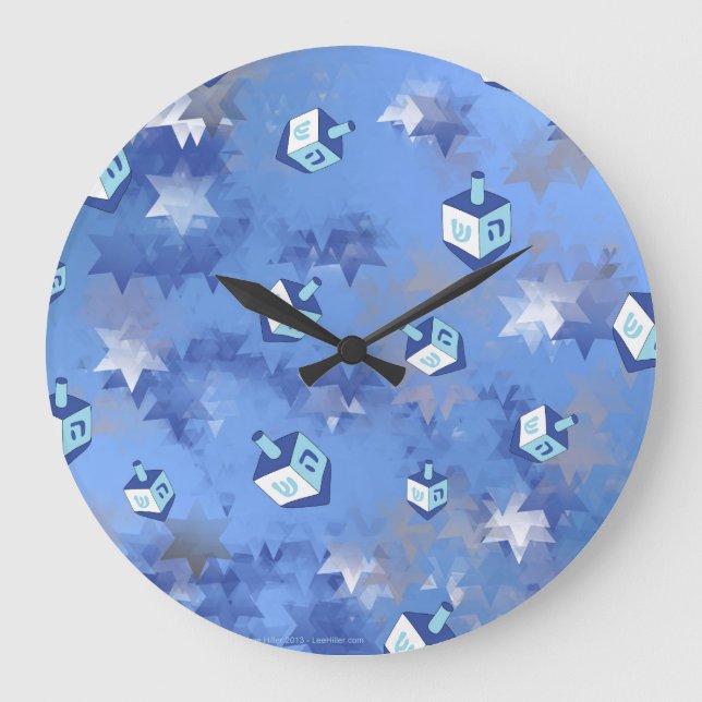 Happy Hanukkah Falling Star and Dreidels Large Clock (Front)