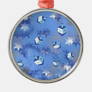 Happy Hanukkah Falling Star and Dreidels Metal Ornament