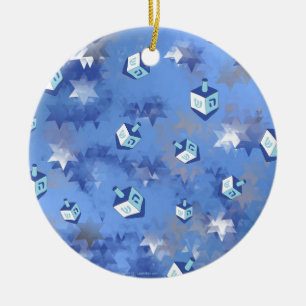 Happy Hanukkah Falling Stars and Dreidels Ceramic Ornament