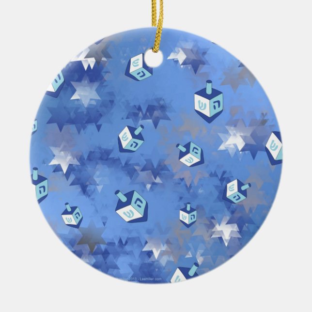 Happy Hanukkah Falling Stars and Dreidels Ceramic Ornament (Front)