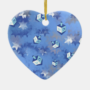 Happy Hanukkah Falling Stars and Dreidels Ceramic Ornament