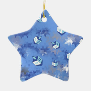 Happy Hanukkah Falling Stars and Dreidels Ceramic Ornament