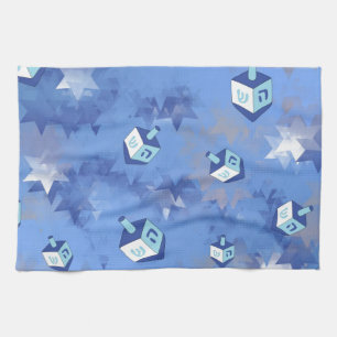 Happy Hanukkah Falling Stars and Dreidels Kitchen Towel