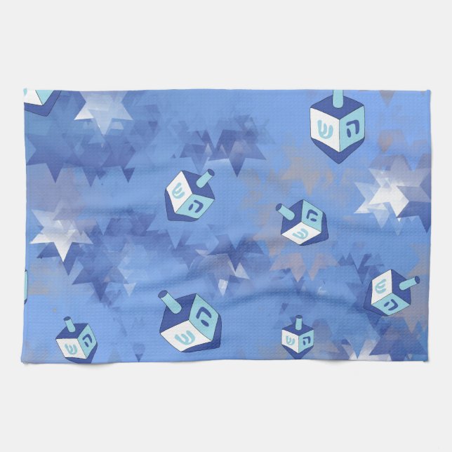Happy Hanukkah Falling Stars and Dreidels Kitchen Towel (Horizontal)