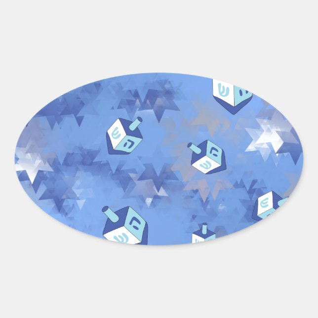 Happy Hanukkah Falling Stars and Dreidels Oval Sticker (Front)