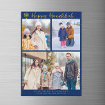 Happy Hanukkah Family 3 Photo Collage Magnet Card<br><div class="desc">Modern customizable Jewish family photo collage Hanukkah magnet card with a collection of winter photos. Add 3 of your favourite Chanukah memories on this modern three photograph layout below a menorah and gold script. Happy Hanukkah magnets.</div>