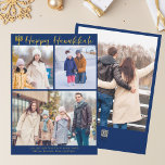 Happy Hanukkah Family 3 Photo Collage Modern Blue Holiday Card<br><div class="desc">Modern customizable Jewish family photo collage Hanukkah card with a collection of winter photos. Add 3 of your favourite Chanukah memories on this modern three photograph layout below a menorah and gold cursive script. Happy Hanukkah.</div>