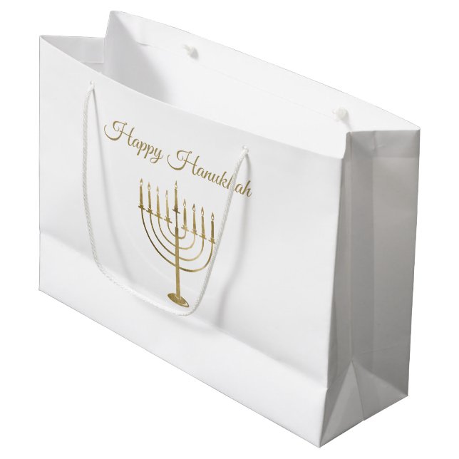 Happy Hanukkah Faux Gold Menorah White Holiday Large Gift Bag (Front Angled)