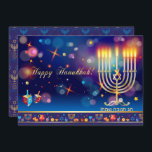 Happy Hanukkah Festival of Lights Gold Invitation<br><div class="desc">Invitation Happy Hanukkah Festival of Lights. Beautiful Jewish Holiday Luxury Invitatin or Greeting Card. Happy Hanukkah - Hebrew text (script) Jewish Holiday Hanukkah Bokeh lights background with traditional Chanukah symbols - wooden dreidels (spinning top), doughnuts, menorah, candles, star of David and glowing lights wallpaper pattern, Gold Frame. Hanukkah Festival Decoration....</div>