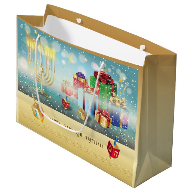 Happy Hanukkah Festival of Lights Gold Large Gift Bag (Front Angled)