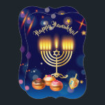 Happy Hanukkah Festival of Lights Invitation<br><div class="desc">Invitation for Happy Hanukkah Festival of Lights Party. Beautiful Jewish Holiday Luxury Invitatin or Greeting Card. Happy Hanukkah text (script) Jewish Holiday Hanukkah Bokeh lights background with traditional Chanukah symbols - wooden dreidels (spinning top), sweet doughnuts, gold hanukkiah menorah, candles, star of David and glowing lights wallpaper blue navy colour...</div>