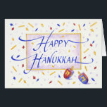 Happy Hanukkah Festive Dreidels Greeting Card<br><div class="desc">Hanukkah greeting card celebrates this special holiday with confetti and dreidels! A wonderful time of year to remember this holy holiday with family and friends. Original watercolor artwork and calligraphy by Audrey Ascenzo.</div>