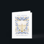 Happy Hanukkah Festive Watercolor Menorah Floral Holiday Card<br><div class="desc">Happy Hanukkah! Send Hanukkah greetings to family and friends with this elegant folded card. It features watercolor Menorah and elegant wreath foliage in a sophisticated palette of gold, light blue, and navy blue. Customize the card with your favourite message and two lines of custom text to add a personal touch...</div>