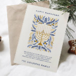 Happy Hanukkah Festive Watercolor Menorah Floral Holiday Card<br><div class="desc">Happy Hanukkah! Send Hanukkah greetings to family and friends with this elegant flat card. It features watercolor Menorah and elegant wreath foliage in a sophisticated palette of gold, light blue, and navy blue. Customize the card with your favourite message and two lines of custom text to add a personal touch...</div>