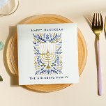 Happy Hanukkah Festive Watercolor Menorah FOLIAGE Napkin<br><div class="desc">Add a personal touch to your Hanukkah Table with these elegant floral paper napkins featuring watercolor Menorah adorned with elegant wheat foliage in a sophisticated palette of gold,  light blue,  and navy blue with two lines of custom text.</div>