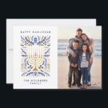 Happy Hanukkah Festive Watercolor Menorah Photo   Holiday Card<br><div class="desc">Happy Hanukkah! Send Hanukkah greetings to family and friends with this elegant photo flat card. It features watercolor Menorah and elegant wreath foliage in a sophisticated palette of gold, light blue, and navy blue. Customize the card with your cherished vertical photo and two lines of custom text to add a...</div>