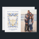 Happy Hanukkah Festive Watercolor Menorah Photo   Holiday Card<br><div class="desc">Happy Hanukkah! Send Hanukkah greetings to family and friends with this elegant photo flat card. It features watercolor Menorah and elegant wreath foliage in a sophisticated palette of gold, light blue, and navy blue. Customize the card with your cherished vertical photo and two lines of custom text to add a...</div>