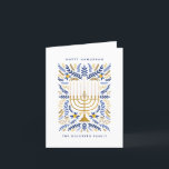Happy Hanukkah Festive Watercolor Menorah Photo Holiday Card<br><div class="desc">Happy Hanukkah! Send Hanukkah greetings to family and friends with this elegant folded photo card. It features watercolor Menorah and elegant wreath foliage in a sophisticated palette of gold, light blue, and navy blue. Customize the card with your favourite message and two lines of custom text to add a personal...</div>