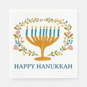 HAPPY HANUKKAH Floral MENORAH Jewish Holiday Napkin