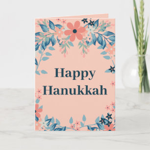 Happy Hanukkah Floral Pink and Blue Holiday Card