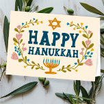 HAPPY HANUKKAH floral wreath Jewish Customizable  Card<br><div class="desc">Hand drawn text and florals by me for you.  Add your own text to the inside of the card or change the background colours. For more designs and colours check my shop! Or let me know if you'd like something custom.  Ask if you don't find what you need! :)</div>