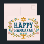 HAPPY HANUKKAH floral wreath Jewish Customizable  Postcard<br><div class="desc">Hand drawn text and florals by me for you.  Add your own text to the back of the postcard or change the background colours. For more designs and colours check my shop! Or let me know if you'd like something custom.  Ask if you don't find what you need! :)</div>