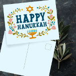HAPPY HANUKKAH floral wreath Jewish Customizable  Postcard<br><div class="desc">Hand drawn text and florals by me for you.  Add your own text to the back of the postcard or change the background colours. For more designs and colours check my shop! Or let me know if you'd like something custom.  Ask if you don't find what you need! :)</div>
