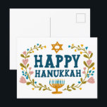 HAPPY HANUKKAH floral wreath Jewish Customizable  Postcard<br><div class="desc">Hand drawn text and florals by me for you.  Add your own text to the back of the postcard or change the background colours. For more designs and colours check my shop! Or let me know if you'd like something custom.  Ask if you don't find what you need! :)</div>