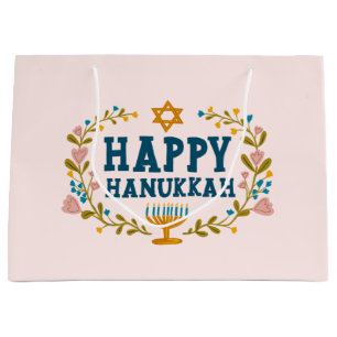 HAPPY HANUKKAH floral wreath Jewish Holiday CUSTOM Large Gift Bag