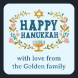 HAPPY HANUKKAH floral wreath Jewish Holiday CUSTOM Square Sticker<br><div class="desc">Hand drawn text and florals by me for you.  Click "personalize" to edit the text. For more designs and colours check my shop! Or let me know if you'd like something custom.  Ask if you don't find what you need! :)</div>