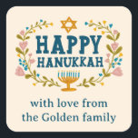 HAPPY HANUKKAH floral wreath Jewish Holiday CUSTOM Square Sticker<br><div class="desc">Hand drawn text and florals by me for you.  Click "personalize" to edit the text. For more designs and colours check my shop! Or let me know if you'd like something custom.  Ask if you don't find what you need! :)</div>