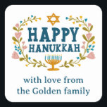 HAPPY HANUKKAH floral wreath Jewish Holiday CUSTOM Square Sticker<br><div class="desc">Hand drawn text and florals by me for you.  Click "personalize" to edit the text. For more designs and colours check my shop! Or let me know if you'd like something custom.  Ask if you don't find what you need! :)</div>
