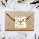 HAPPY HANUKKAH floral wreath Jewish Holiday CUSTOM Square Sticker<br><div class="desc">Hand drawn florals by me for you.  Click "personalize" to edit the text. For more designs and colours check my shop! Or let me know if you'd like something custom.  Ask if you don't find what you need! :)</div>
