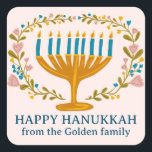 HAPPY HANUKKAH floral wreath Jewish Holiday CUSTOM Square Sticker<br><div class="desc">Hand drawn florals by me for you.  Click "personalize" to edit the text. For more designs and colours check my shop! Or let me know if you'd like something custom.  Ask if you don't find what you need! :)</div>
