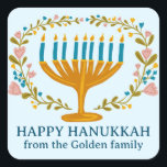 HAPPY HANUKKAH floral wreath Jewish Holiday CUSTOM Square Sticker<br><div class="desc">Hand drawn florals by me for you.  Click "personalize" to edit the text. For more designs and colours check my shop! Or let me know if you'd like something custom.  Ask if you don't find what you need! :)</div>