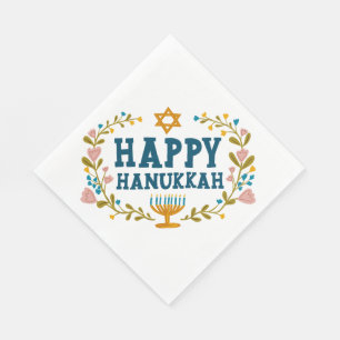 HAPPY HANUKKAH floral wreath Jewish Holiday Napkin