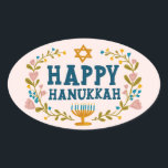 HAPPY HANUKKAH floral wreath Jewish Holiday  Oval Sticker<br><div class="desc">Hand drawn text and florals by me for you.  For more designs and colours check my shop! Or let me know if you'd like something custom.  Ask if you don't find what you need! :)</div>