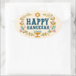 HAPPY HANUKKAH floral wreath Jewish Holiday  Oval Sticker<br><div class="desc">Hand drawn text and florals by me for you.  For more designs and colours check my shop! Or let me know if you'd like something custom.  Ask if you don't find what you need! :)</div>