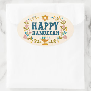 HAPPY HANUKKAH floral wreath Jewish Holiday  Oval Sticker