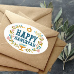 HAPPY HANUKKAH floral wreath Jewish Holiday  Oval Sticker<br><div class="desc">Hand drawn text and florals by me for you.  For more designs and colours check my shop! Or let me know if you'd like something custom.  Ask if you don't find what you need! :)</div>