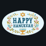 HAPPY HANUKKAH floral wreath Jewish Holiday  Oval Sticker<br><div class="desc">Hand drawn text and florals by me for you.  For more designs and colours check my shop! Or let me know if you'd like something custom.  Ask if you don't find what you need! :)</div>