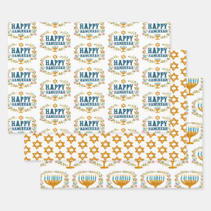 HAPPY HANUKKAH floral wreath Jewish Holiday Set of Wrapping Paper Sheet